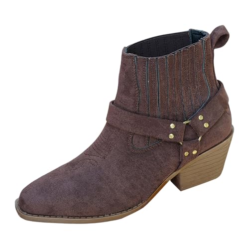 VBEDKDEB Stiefeletten Damen Stiefel Ankle Boots Damen Stiefeletten mit spitzer Zehenpartie, modischem Mittelabsatz, klobigem Absatz kurzer Stiefelette Festival Boots (Brown, 40) von VBEDKDEB