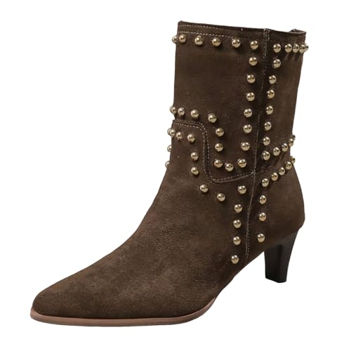 VBEDKDEB Stiefeletten Damen Stiefel Ankle Boots Damen Stiefeletten mit spitzer Zehenpartie und Stiletto Absatz, wadenlang, modisch, lässig, mit Strasssteinen besetzt Reitstiefeletten (Brown, 37) von VBEDKDEB