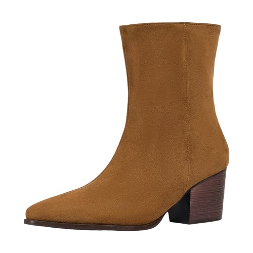 VBEDKDEB Stiefeletten Damen Stiefel Ankle Boots Damen Wildlederstiefel mit spitzer Zehenpartie, modisch, lässig, seitlicher Reißverschluss, klobiger Absatz, modische Stiefeletten für den (Brown, 38) von VBEDKDEB