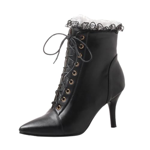 VBEDKDEB Stiefeletten Damen Stiefel Ankle Boots Damen Wintermode, Spitzen Spitzen Stiefeletten mit hohen Absätzen, Spitze, dünne Absätze, Schnür mit seitlichem Reißverschluss Lackstiefel (42) von VBEDKDEB