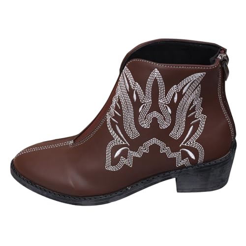 VBEDKDEB Stiefeletten Damen Stiefel Ankle Boots Damenmode, ethnisch bestickte Lederstiefel mit spitzer Zehenpartie, Reißverschluss und klobigem Absatz, Stiefeletten Western Damen (Brown, 37) von VBEDKDEB