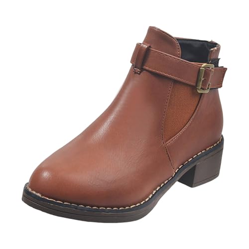 VBEDKDEB Stiefeletten Damen Stiefel Ankle Boots Damenmode, lässige Stiefeletten mit Retro Gürtel Gummistiefel Gefüttert (Brown, 37) von VBEDKDEB