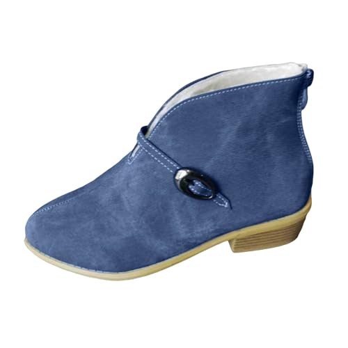 VBEDKDEB Stiefeletten Damen Stiefel Ankle Boots Damenmode Spitz zulaufende Zehenpartie Low Top Blockabsatz Herbst und Winter Plus Samt Stiefeletten Lackstiefel (Blue, 43) von VBEDKDEB