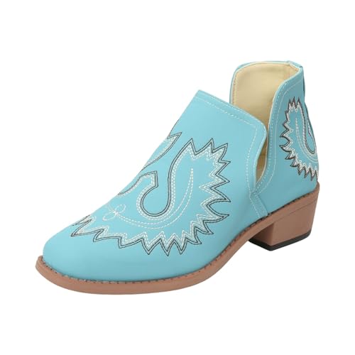 VBEDKDEB Stiefeletten Damen Stiefel Ankle Boots Damenschuhe Bequeme Stiefeletten mit weicher Sohle Stilvolle Blockabsatz Westernmode Kurzstiefel Cowboy Stiefel (Blue, 38) von VBEDKDEB