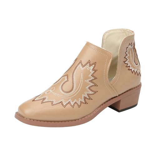 VBEDKDEB Stiefeletten Damen Stiefel Ankle Boots Damenschuhe Bequeme Stiefeletten mit weicher Sohle Stilvolle Blockabsatz Westernmode Kurzstiefel Cowboy Stiefel (Khaki, 43) von VBEDKDEB