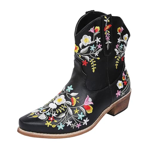 VBEDKDEB Stiefeletten Damen Stiefel Ankle Boots Damenschuhe Retro Blumen bestickte Cowboystiefel Modische vielseitige Stiefel Bequeme Damenstiefel Boots Schwarz Damen (41) von VBEDKDEB