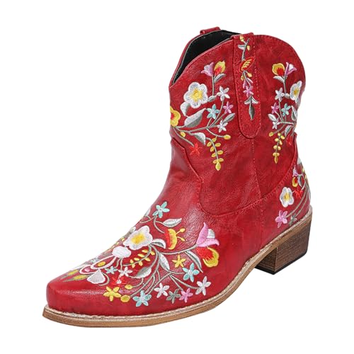 VBEDKDEB Stiefeletten Damen Stiefel Ankle Boots Damenschuhe Retro Blumen bestickte Cowboystiefel Modische vielseitige Stiefel Bequeme Damenstiefel Boots Schwarz Damen (Red, 38) von VBEDKDEB