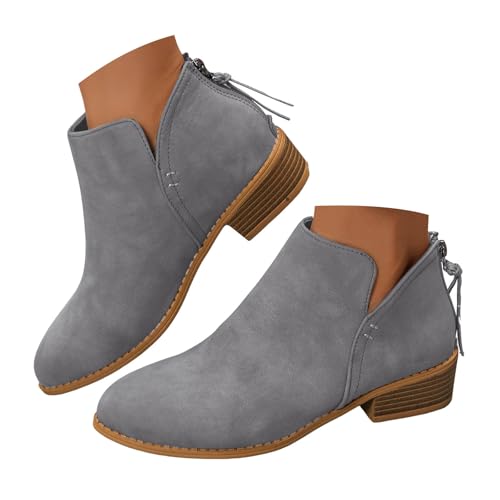 VBEDKDEB Stiefeletten Damen Stiefel Ankle Boots Damenschuhe mit Dicker Sohle und klobigem Absatz, runder Zehenpartie, modische, lässige Stiefeletten aus Wildleder mit Reißverschluss auf (Grey, 37) von VBEDKDEB