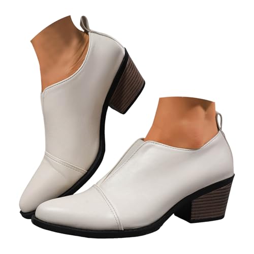 VBEDKDEB Stiefeletten Damen Stiefel Ankle Boots Damenschuhe mit klobigem Absatz und spitzer Zehenpartie, modische, einfarbige, Klassische Slip On Stiefeletten aus Leder Reitschuhe Damen (Beige, 36) von VBEDKDEB