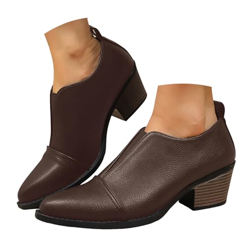 VBEDKDEB Stiefeletten Damen Stiefel Ankle Boots Damenschuhe mit klobigem Absatz und spitzer Zehenpartie, modische, einfarbige, Klassische Slip On Stiefeletten aus Leder Reitschuhe Damen (Brown, 40) von VBEDKDEB