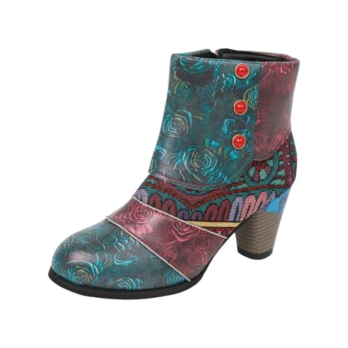 VBEDKDEB Stiefeletten Damen Stiefel Ankle Boots Damenschuhe und Winter Stiefeletten Modische farblich passende Dicke Ferse Outdoor Casual Stiefel Cow Boy Boots Damen (Green, 37) von VBEDKDEB