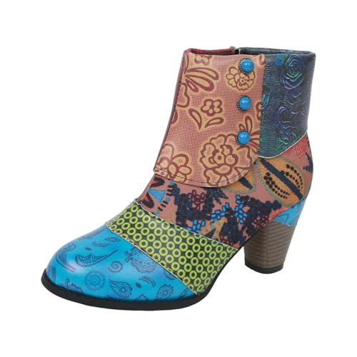 VBEDKDEB Stiefeletten Damen Stiefel Ankle Boots Damenschuhe und Winter Stiefeletten Modische farblich passende Dicke Ferse Outdoor Casual Stiefel Cow Boy Boots Damen (Multicolour, 43) von VBEDKDEB