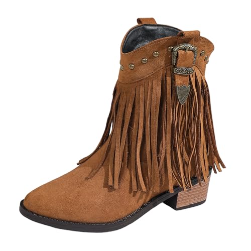 VBEDKDEB Stiefeletten Damen Stiefel Ankle Boots Damenstiefel mit klobigem Absatz und Quaste, modisch, lässig, Wildleder, niedrige Oberseite, Oberbekleidung, klobiger Absatz, Schuhe Damen (Brown, 40) von VBEDKDEB