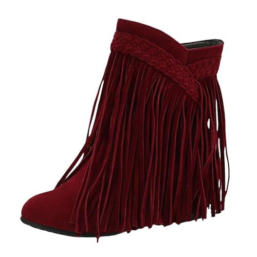VBEDKDEB Stiefeletten Damen Stiefel Ankle Boots Damenstiefeletten mit runder Spitze, verziert, mit Flacher Sohle, modisch, lässig, modisch, warme Stiefel Quaste Stiefeletten Damen Braun (Red, 37) von VBEDKDEB