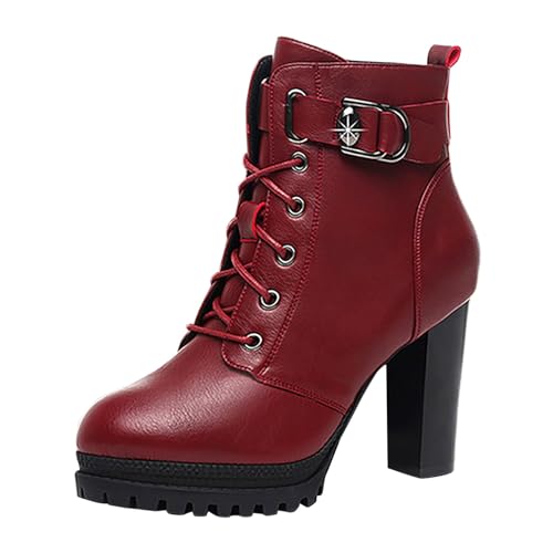 VBEDKDEB Stiefeletten Damen Stiefel Ankle Boots Gestapelte Kurze Lederstiefel Booties Absatz Damenstiefel Modestiefel Damenstiefel Braune Stiefel Damen (Red, 39) von VBEDKDEB