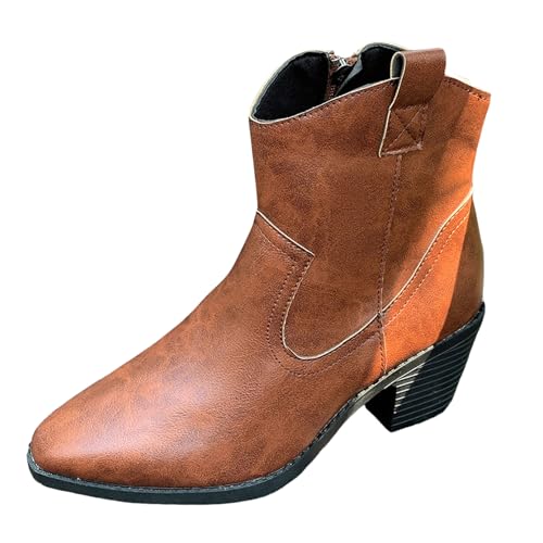 VBEDKDEB Stiefeletten Damen Stiefel Ankle Boots Große, Spitze Zehenpartie, Dicke Ferse, Kurze Stiefel für Damen, europäische und modische Damenstiefel Biker Boots (Brown, 38) von VBEDKDEB