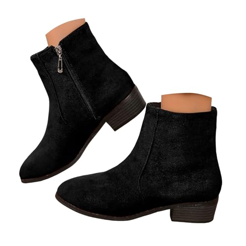 VBEDKDEB Stiefeletten Damen Stiefel Ankle Boots Große Größe Mode Volltonfarbe Mode Damen Stiefel Europäischen Und Spitze Seite Reißverschluss Dicken Absatz Alle Kurze Braun (41) von VBEDKDEB