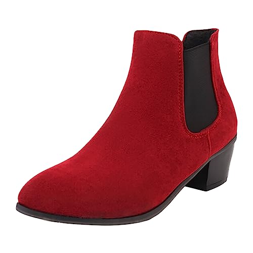 VBEDKDEB Stiefeletten Damen Stiefel Ankle Boots Große weibliche Bequeme Spitze Flache Ferse Kurze Stiefel Außenhandel High Top elastische weiblich Gummistiefel Damen Pink (Red, 42) von VBEDKDEB