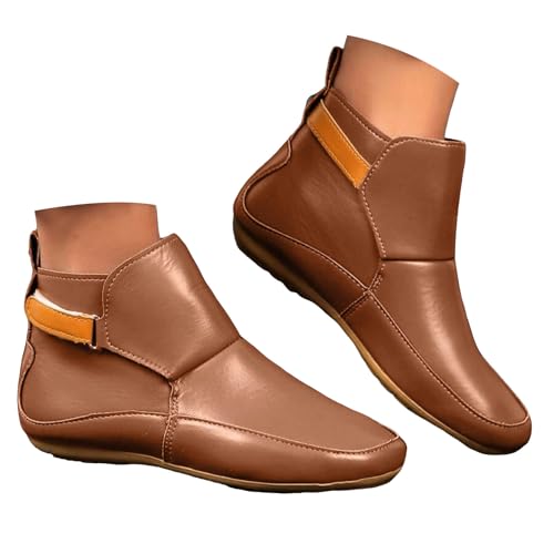 VBEDKDEB Stiefeletten Damen Stiefel Ankle Boots Kurze Schuhe für Damen, modisch, lässig, flach, einfarbig, Lederoberbekleidung, Stiefeletten Regenstiefel (Brown, 43) von VBEDKDEB