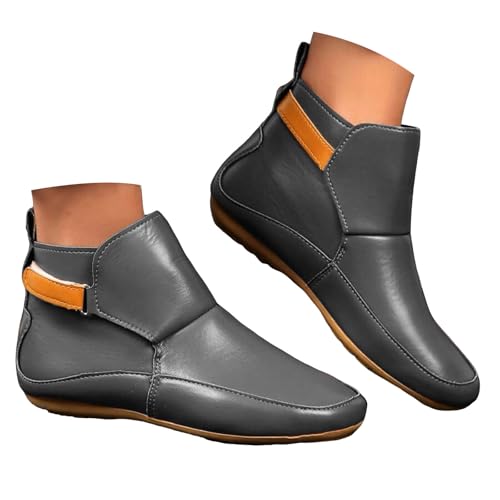 VBEDKDEB Stiefeletten Damen Stiefel Ankle Boots Kurze Schuhe für Damen, modisch, lässig, flach, einfarbig, Lederoberbekleidung, Stiefeletten Regenstiefel (Grey, 39) von VBEDKDEB