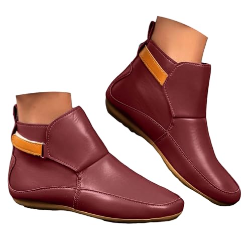 VBEDKDEB Stiefeletten Damen Stiefel Ankle Boots Kurze Schuhe für Damen, modisch, lässig, flach, einfarbig, Lederoberbekleidung, Stiefeletten Regenstiefel (Red, 42) von VBEDKDEB