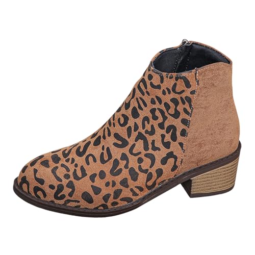 VBEDKDEB Stiefeletten Damen Stiefel Ankle Boots Kurze Stiefel Dicker Absatz Spitzschuh Seitlicher Reißverschluss Damenschuhe Stiefeletten Und Winter Western Cowboy Boots (Brown, 38) von VBEDKDEB