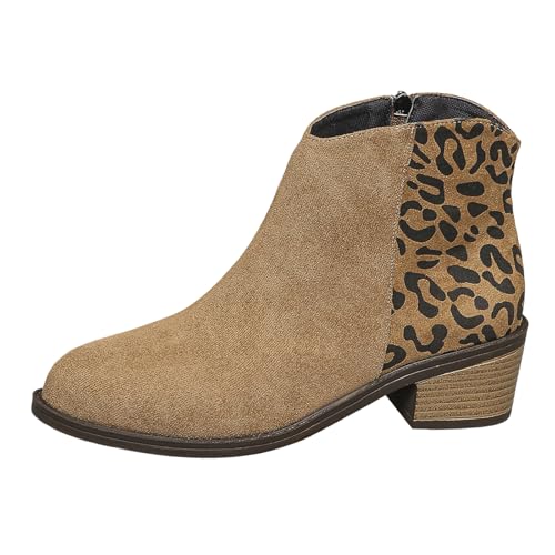 VBEDKDEB Stiefeletten Damen Stiefel Ankle Boots Kurze Stiefel Dicker Absatz Spitzschuh Seitlicher Reißverschluss Damenschuhe Stiefeletten Und Winter Western Cowboy Boots (Khaki, 40) von VBEDKDEB