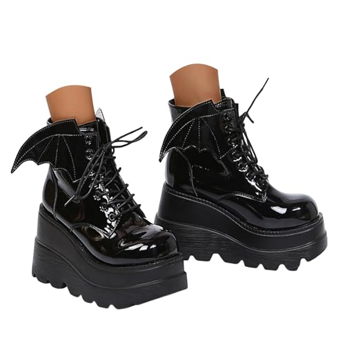 VBEDKDEB Stiefeletten Damen Stiefel Ankle Boots Lederstiefel mit Dicker Sohle für Damen, Halloween Fledermaus Stiefeletten für Herren, dunkle mit speziellem Keilabsatz Weitschaftstiefel (A, 42) von VBEDKDEB