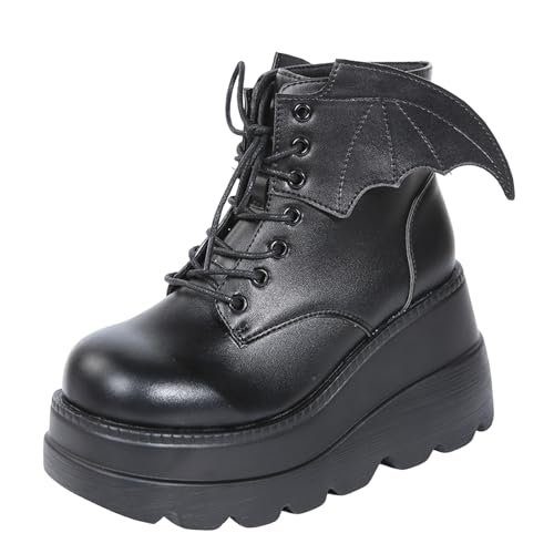 VBEDKDEB Stiefeletten Damen Stiefel Ankle Boots Lederstiefel mit Dicker Sohle für Damen, Halloween Fledermaus Stiefeletten für Herren, dunkle mit speziellem Keilabsatz Weitschaftstiefel (B, 42) von VBEDKDEB