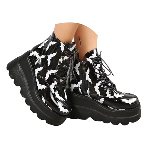 VBEDKDEB Stiefeletten Damen Stiefel Ankle Boots Lederstiefel mit Dicker Sohle für Damen, Halloween Fledermaus Stiefeletten für Herren, dunkle mit speziellem Keilabsatz Weitschaftstiefel (C, 38) von VBEDKDEB