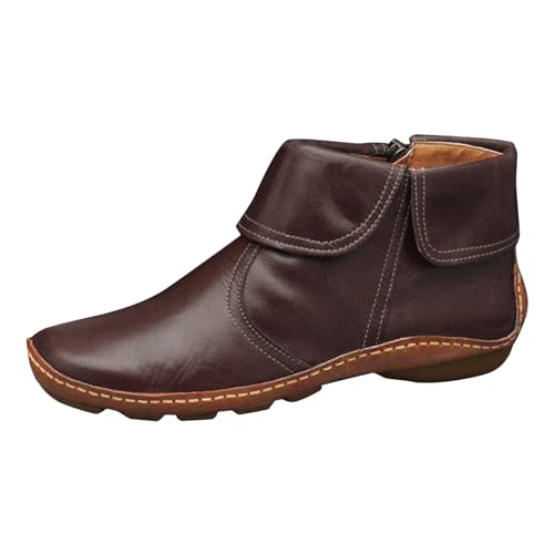 VBEDKDEB Stiefeletten Damen Stiefel Ankle Boots Mode Damen Einfarbig Flache Reißverschluss Kurze Stiefel Runde Zehen Schuhe Europäische Und Lässige Boots Schwarz Festival (Brown, 40) von VBEDKDEB
