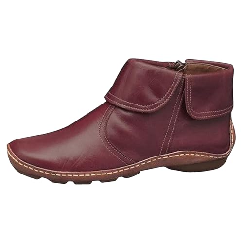 VBEDKDEB Stiefeletten Damen Stiefel Ankle Boots Mode Damen Einfarbig Flache Reißverschluss Kurze Stiefel Runde Zehen Schuhe Europäische Und Lässige Boots Schwarz Festival (Red, 38) von VBEDKDEB