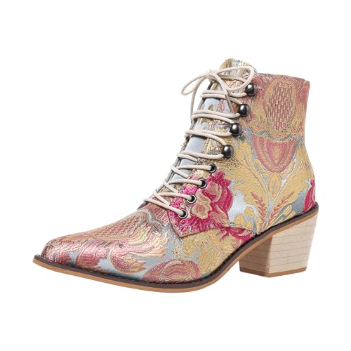 VBEDKDEB Stiefeletten Damen Stiefel Ankle Boots Mode und Winter Damen Stiefeletten Spitze Zehen klobige Ferse Schnürung Stickerei Blume ethnischen Mit Absatz (Blue, 39) von VBEDKDEB