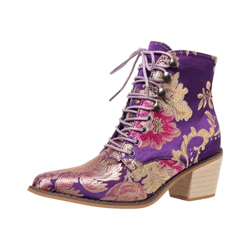VBEDKDEB Stiefeletten Damen Stiefel Ankle Boots Mode und Winter Damen Stiefeletten Spitze Zehen klobige Ferse Schnürung Stickerei Blume ethnischen Mit Absatz (Purple, 43) von VBEDKDEB