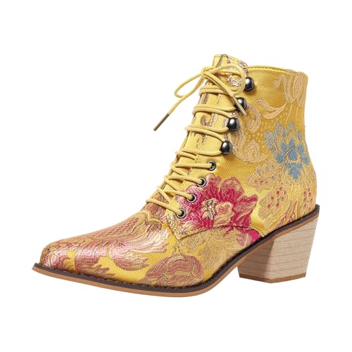 VBEDKDEB Stiefeletten Damen Stiefel Ankle Boots Mode und Winter Damen Stiefeletten Spitze Zehen klobige Ferse Schnürung Stickerei Blume ethnischen Mit Absatz (Yellow, 42) von VBEDKDEB