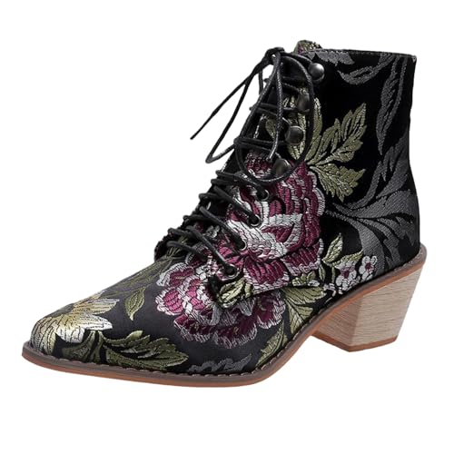 VBEDKDEB Stiefeletten Damen Stiefel Ankle Boots Mode und Winter Damen Stiefeletten Spitze Zehen klobige Ferse Schnürung Stickerei Blume ethnischen Stiefelette (42) von VBEDKDEB