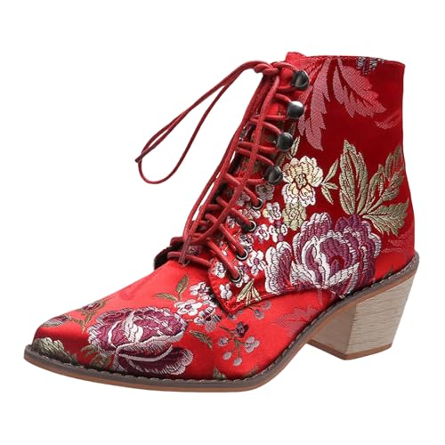 VBEDKDEB Stiefeletten Damen Stiefel Ankle Boots Mode und Winter Damen Stiefeletten Spitze Zehen klobige Ferse Schnürung Stickerei Blume ethnischen Stiefelette (Red, 41) von VBEDKDEB