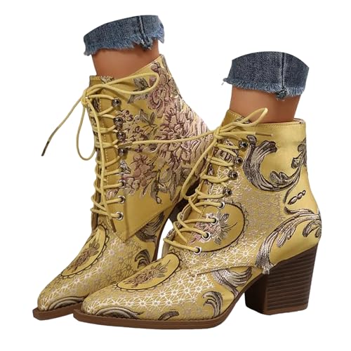 VBEDKDEB Stiefeletten Damen Stiefel Ankle Boots Mode und Winter Damen Stiefeletten Spitze Zehen klobige Ferse Schnürung Stickerei Blume ethnischen Wasserfeste Schuhe (Yellow, 8.5) von VBEDKDEB