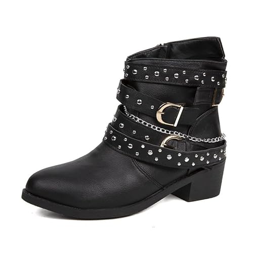 VBEDKDEB Stiefeletten Damen Stiefel Ankle Boots Modische, lässige Stiefeletten mit dickem Absatz, spitzer Zehenpartie, Reißverschluss und glänzender Schnürung für Damen Overknees Stiefel (36) von VBEDKDEB
