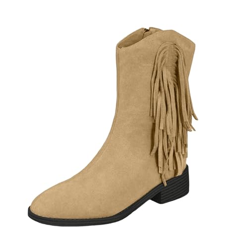 VBEDKDEB Stiefeletten Damen Stiefel Ankle Boots Modische, vielseitige Stiefeletten mit Quaste und dickem Absatz für Damen Halbe Gummistiefel (Khaki, 37) von VBEDKDEB