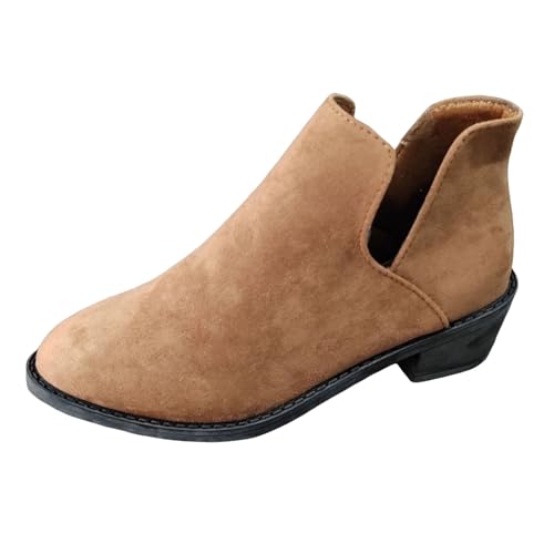 VBEDKDEB Stiefeletten Damen Stiefel Ankle Boots Modische Damen Stiefeletten aus Wildleder mit Reißverschluss und niedrigem Schaft, lässig, spitzer Zehenbereich, klassisch Plateau Schuhe (Khaki, 41) von VBEDKDEB