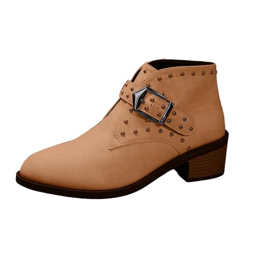 VBEDKDEB Stiefeletten Damen Stiefel Ankle Boots Modische Damenstiefel mit Dicker Ferse und spitzer Kappe, lässige Kurze Stiefel 22222schuhe Damen (Brown, 37) von VBEDKDEB