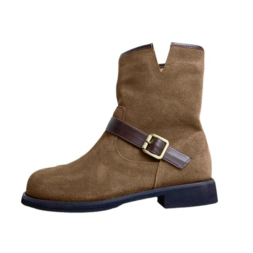 VBEDKDEB Stiefeletten Damen Stiefel Ankle Boots Modische Retro Schlupfstiefel mit niedrigem Absatz und runder Spitze für Damen im Herbst und Winter, klassisch, modisch Knöchelschuhe (Brown, 35) von VBEDKDEB