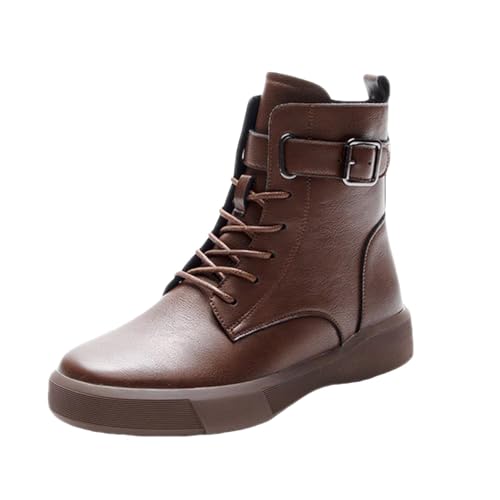 VBEDKDEB Stiefeletten Damen Stiefel Ankle Boots Modischer und vielseitiger britischer Retro Gürtel und Samt Shorts Herbst Stiefel Damen (Brown, 35) von VBEDKDEB
