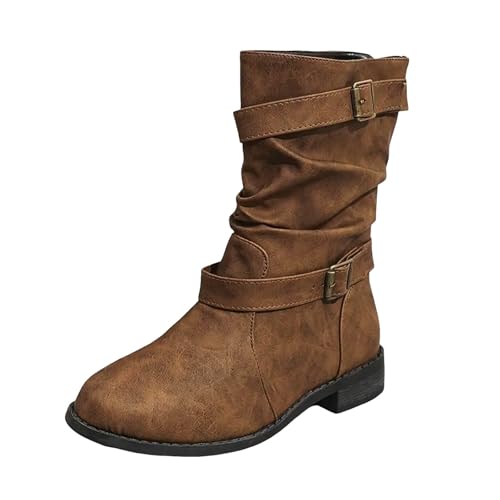 VBEDKDEB Stiefeletten Damen Stiefel Ankle Boots Neue Kurze Stiefel Europäische und Kurze Border Belt Low Heel große Modestiefel Gummistiefel Damen Halbhoch (Brown, 41) von VBEDKDEB