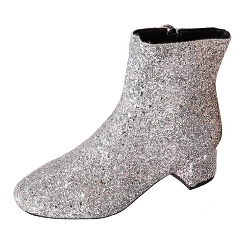VBEDKDEB Stiefeletten Damen Stiefel Ankle Boots Neue Trendige, glänzende Stiefeletten mit dickem Absatz, spitzer Spitze und kurzer Röhre für Damen Hohe Stiefel (42) von VBEDKDEB