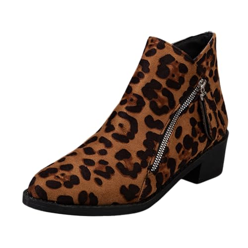 VBEDKDEB Stiefeletten Damen Stiefel Ankle Boots Retro Leopardenmuster spitzer Reißverschluss Dicker Absatz Stiefeletten 22222schuhe Damen (Coffee, 39) von VBEDKDEB