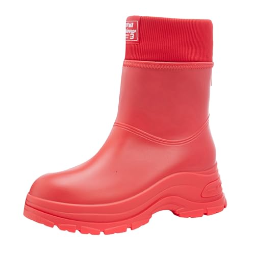 VBEDKDEB Stiefeletten Damen Stiefel Ankle Boots Stiefel Damen rutschfeste atmungsaktive modische Regenstiefel Stiefeletten Gartenschuhe Plüsch, um warme zu halten Gummistiefel Halbhoch (Red, 38) von VBEDKDEB