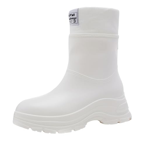 VBEDKDEB Stiefeletten Damen Stiefel Ankle Boots Stiefel Damen rutschfeste atmungsaktive modische Regenstiefel Stiefeletten Gartenschuhe Plüsch, um warme zu halten Gummistiefel Halbhoch (White, 38) von VBEDKDEB