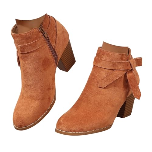 VBEDKDEB Stiefeletten Damen Stiefel Ankle Boots Stiefel für Damen, Spitze Zehenpartie, mit klobigem Absatz, zum Hineinschlüpfen Gummistiefel Schwarz (Brown, 8) von VBEDKDEB